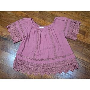 G Collection Women Mauve Pink Crochet Lace Trim Peasant Blouse Top XL JT9160